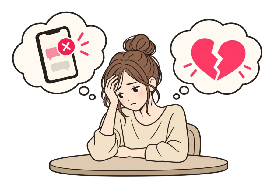 連絡が来ず、復縁について悩んでいる女性のイラスト