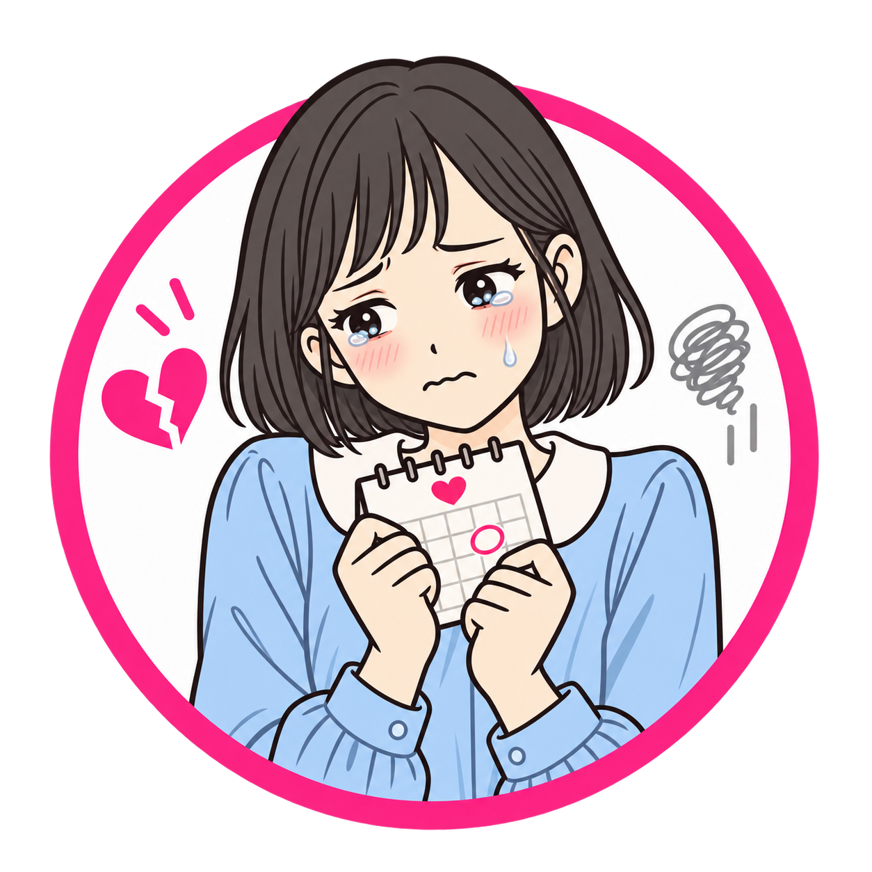 復縁できる時期が分からず、涙を浮かべて待つ女性のイラスト
